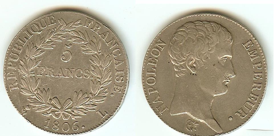 5 Francs Napoléon Empereur 1806L Bayonne SUP